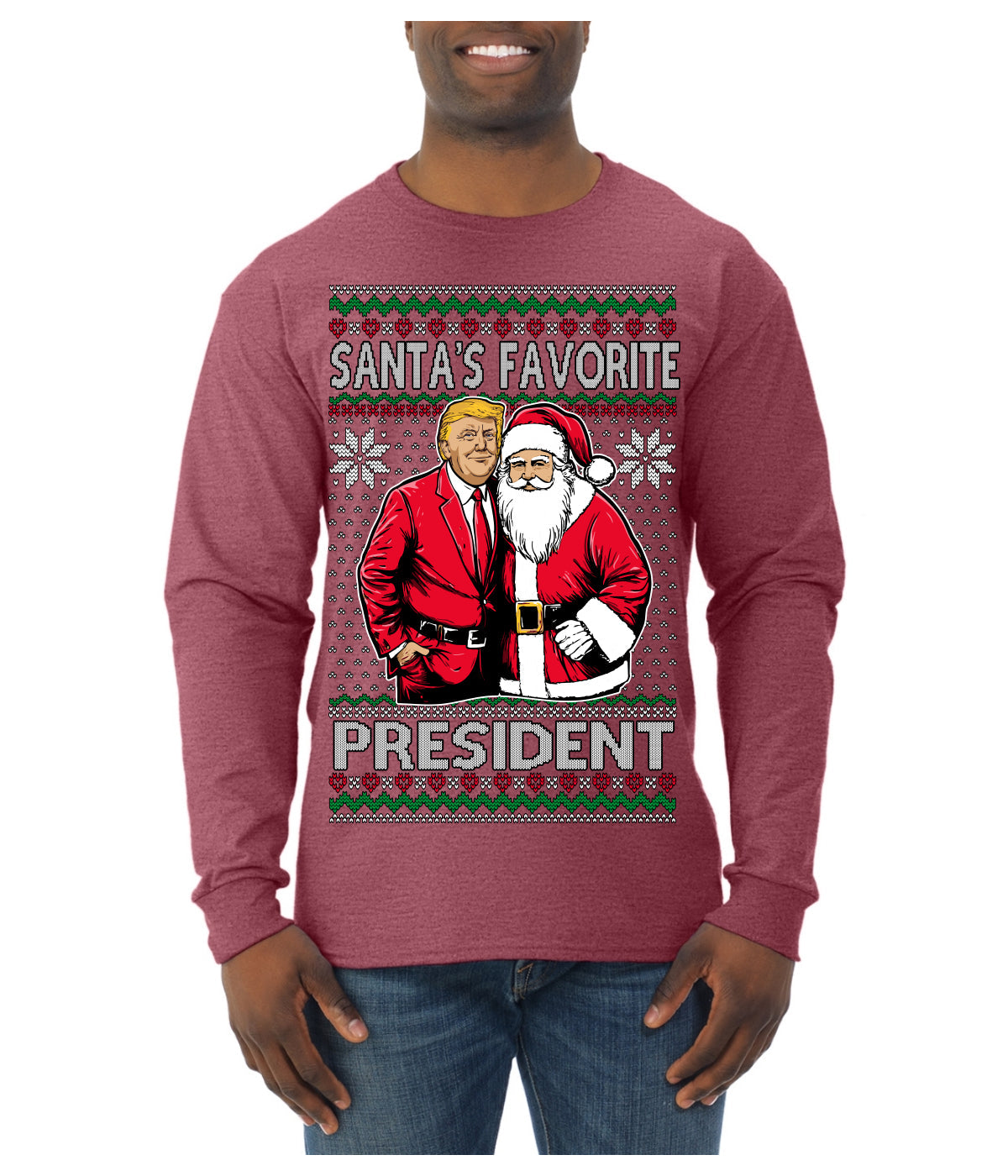 Santa's Favorite President Red Suit Trump Ugly Christmas Sweater Mens Long Sleeve Shirt