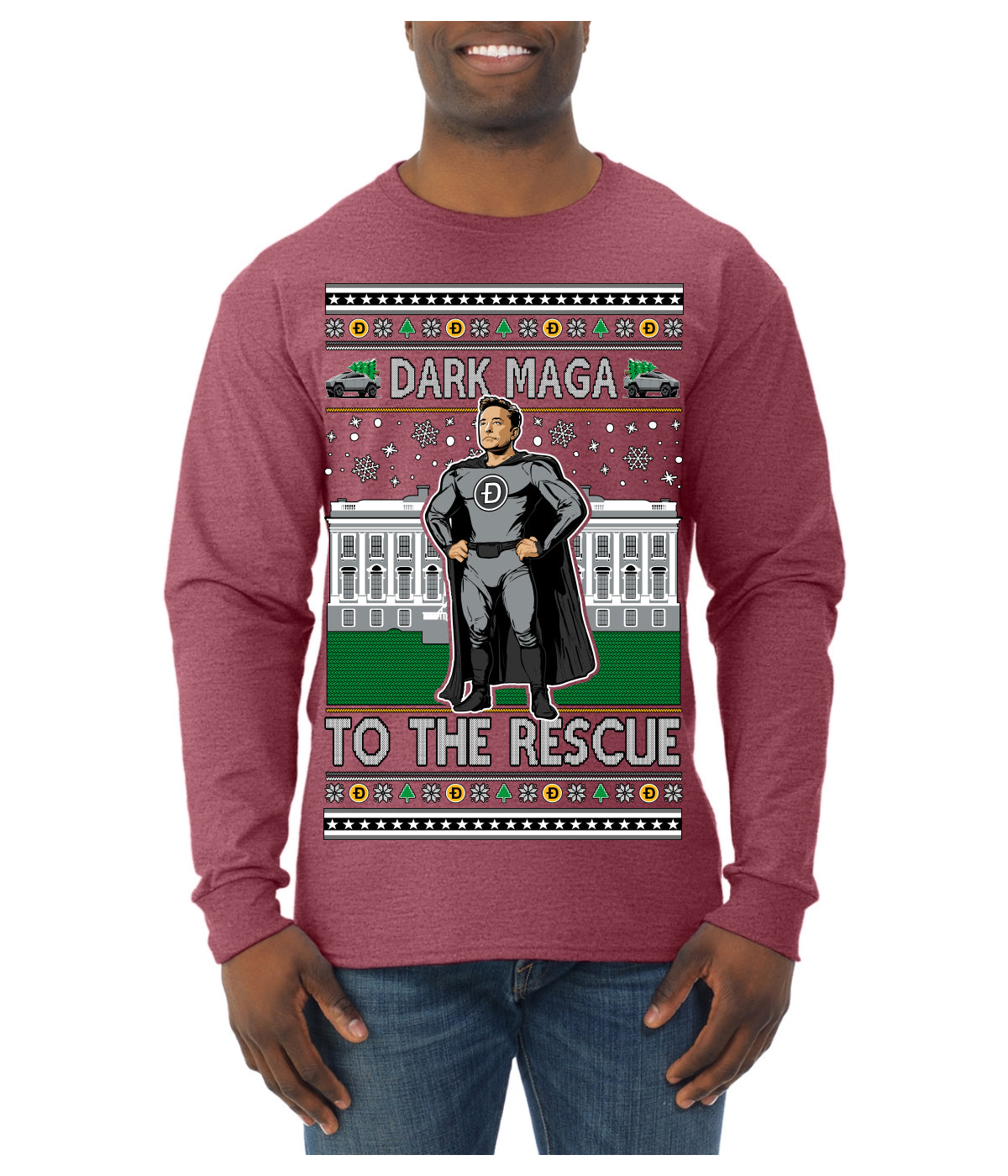 Dark MAGA to the Rescue Elon Superhero Doge Crypto Ugly Christmas Sweater Mens Long Sleeve Shirt
