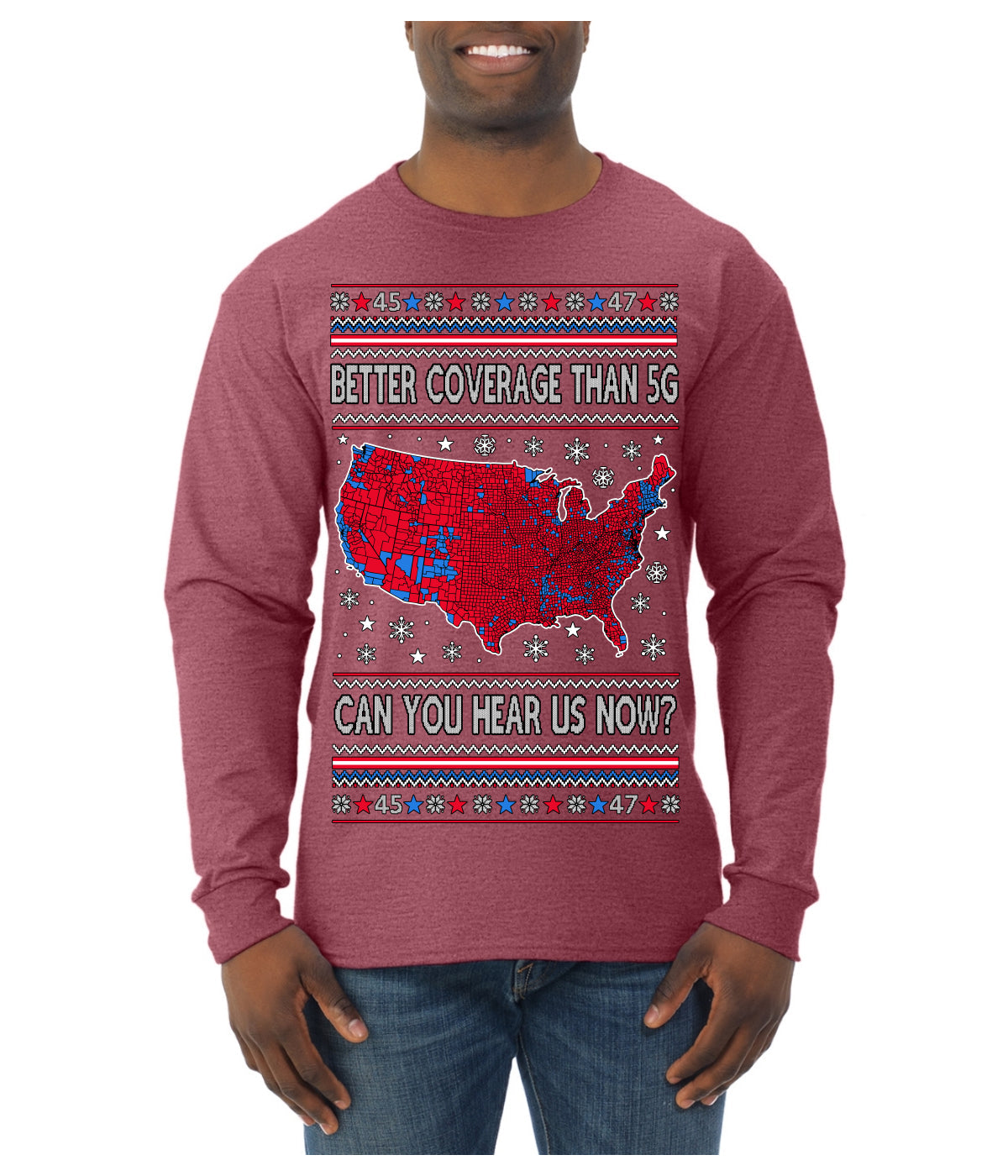 Trump 2024 Better Coverage than 5G Red Wave Landslide Ugly Christmas Sweater Mens Long Sleeve Shirt