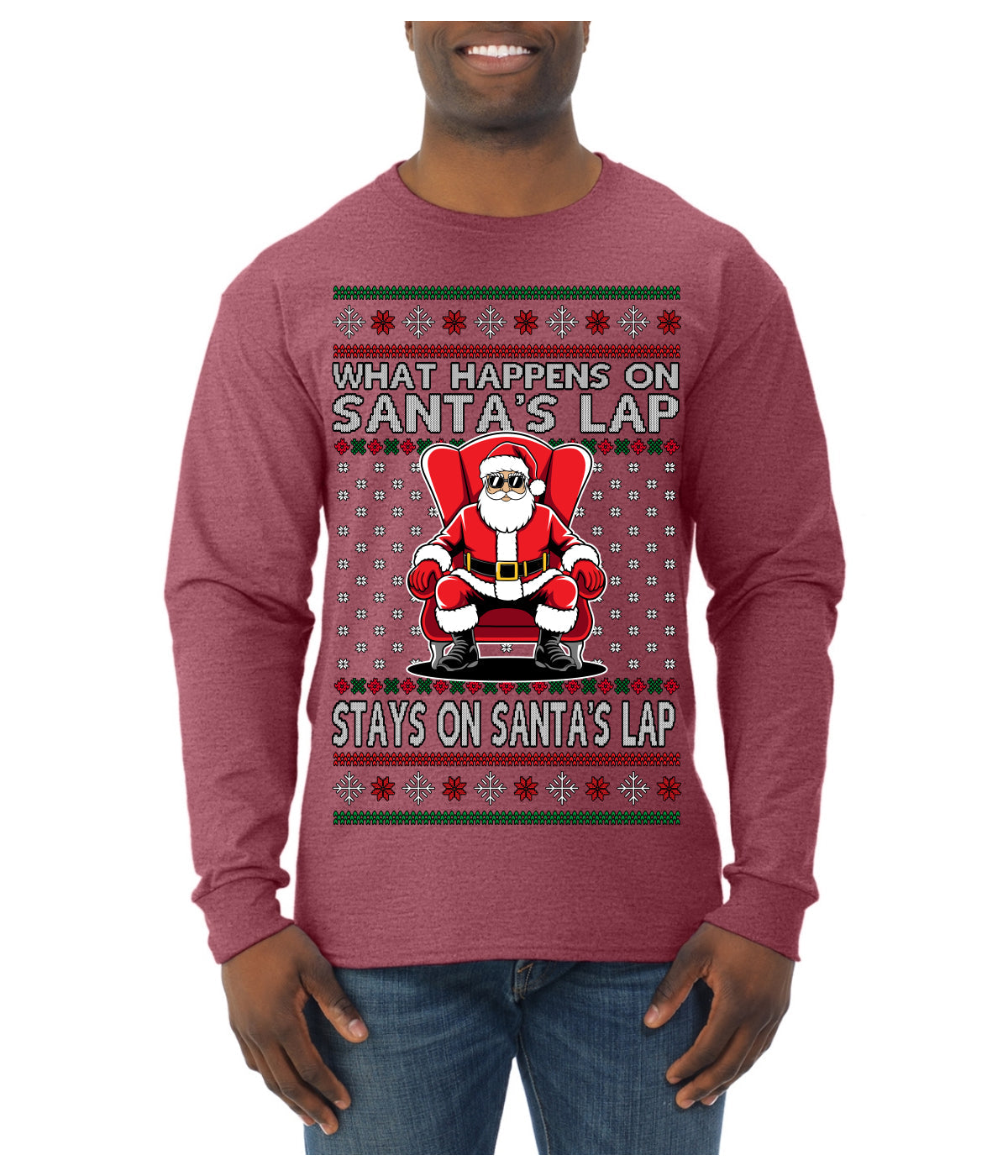What Happens on Santa's Lap Stays on Santa's Lap, Funny Dirty X Rated Naughty Ugly Christmas Sweater Mens Long Sleeve Shirt