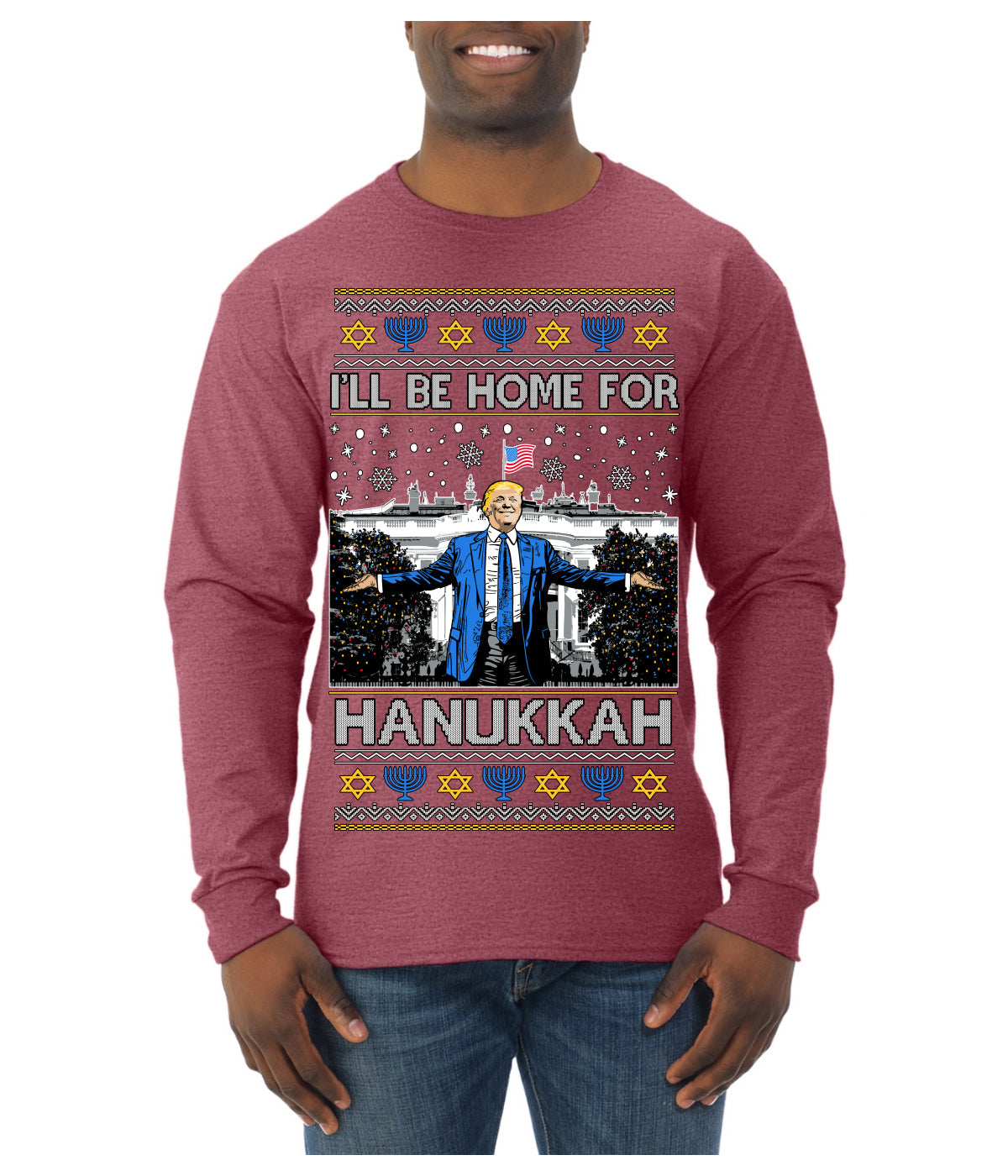 I'll Be Home for Hanukkah, Funny President Donald Trump JD Vance Winter Holiday Chanukah Hannukkah Channukah Ugly Christmas Sweater Mens Long Sleeve Shirt