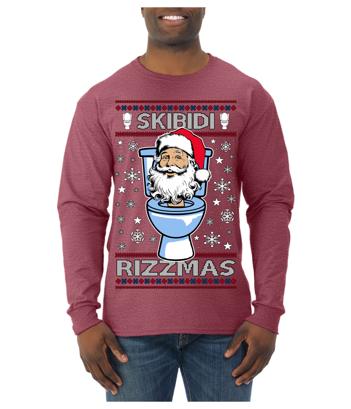 Skibidi Rizzmas Funny Toilet Video Viral Brain Rot Meme, Gen Z Alpha Slang Brainrot Memes Ugly Christmas Sweater Mens Long Sleeve Shirt