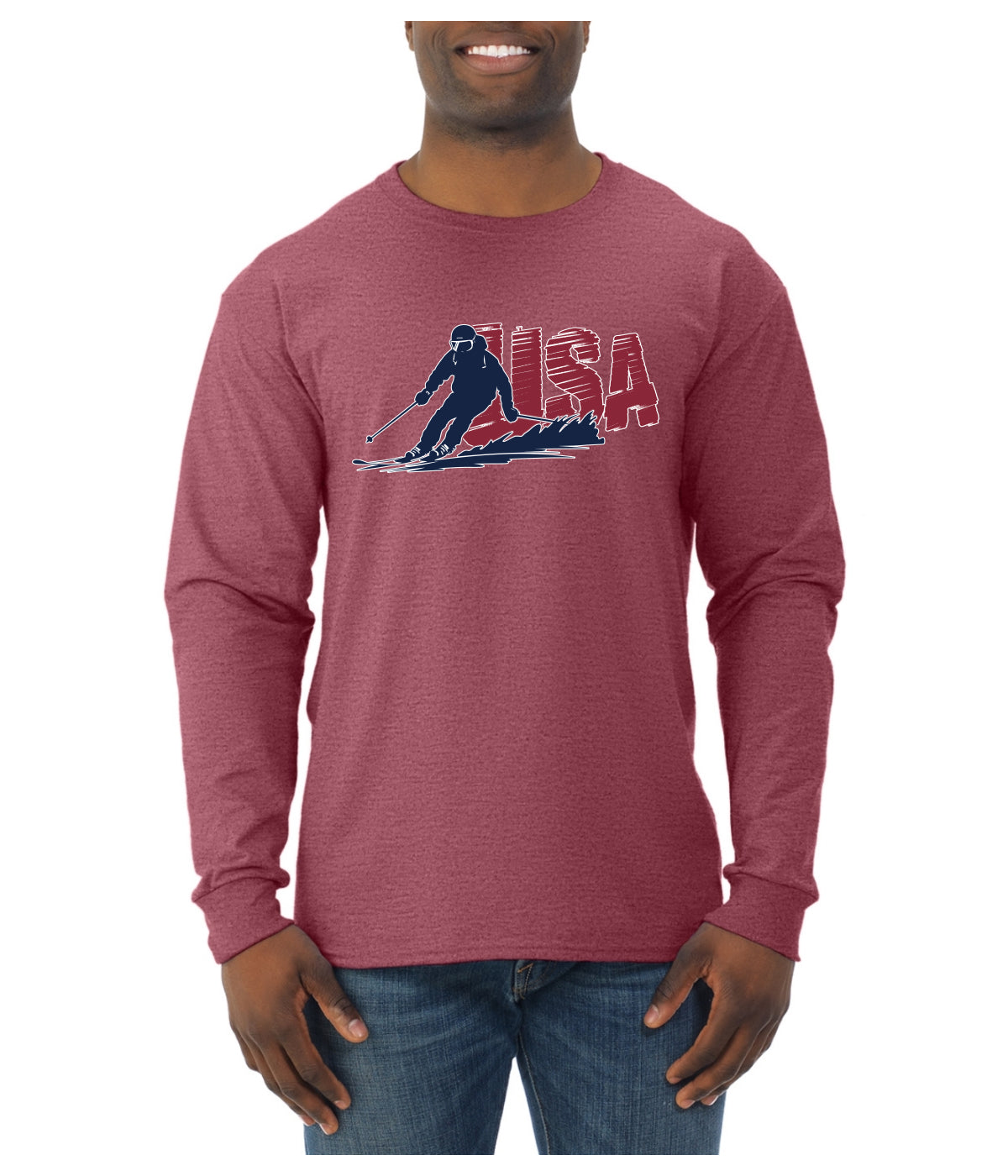 USA Winter Team Sports Fan Collection | USA Skier Sweater, Unisex Mens Long Sleeve Shirt