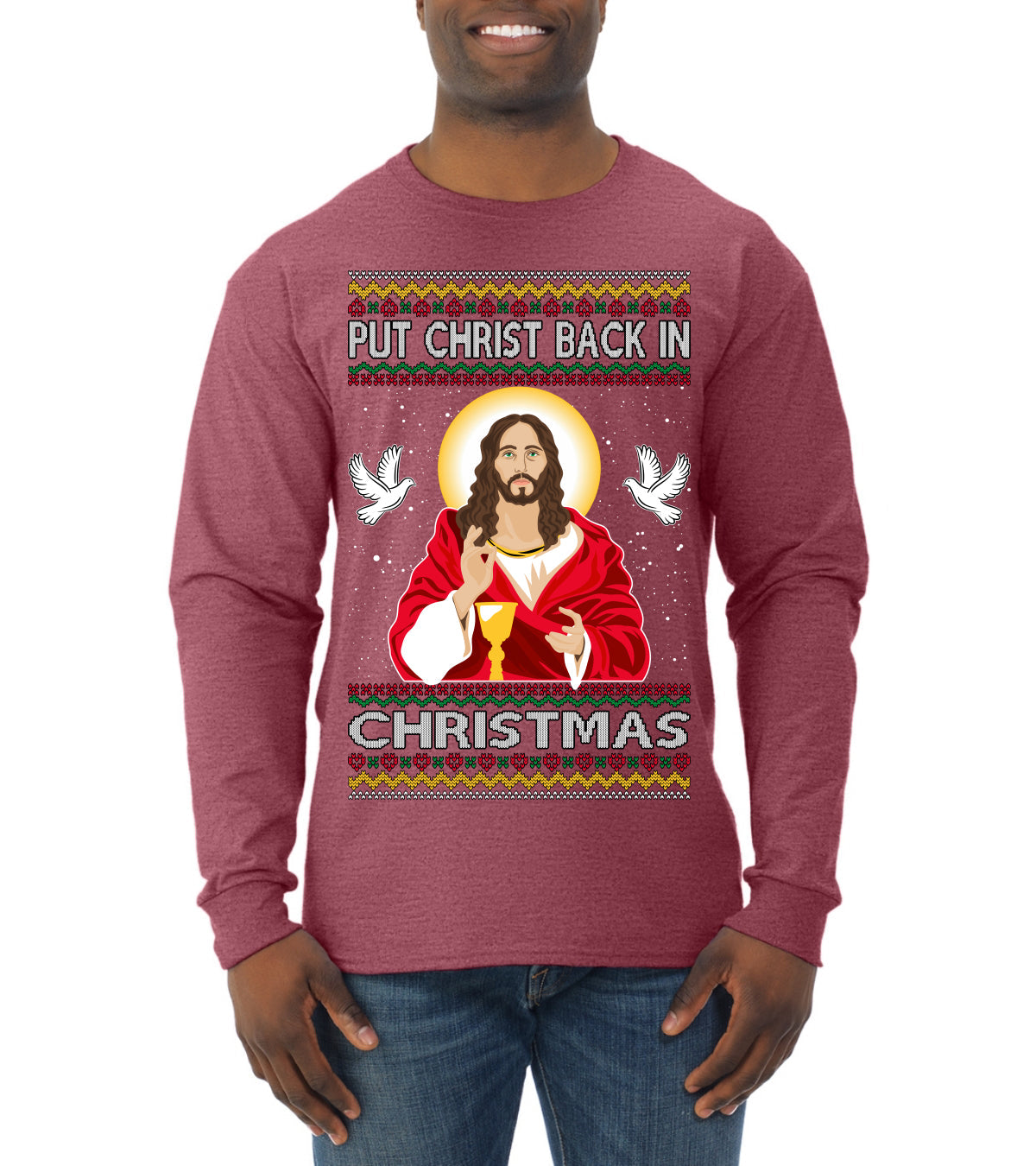 Put Christ Back In Christmas Ugly Christmas Sweater Mens Long Sleeve Shirt