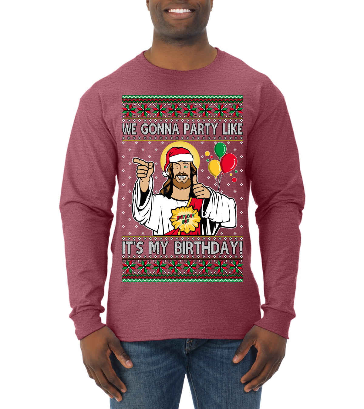 Gonna Party Like It's My Birthday Jesus Ugly Christmas Sweater Mens Long Sleeve Shirt