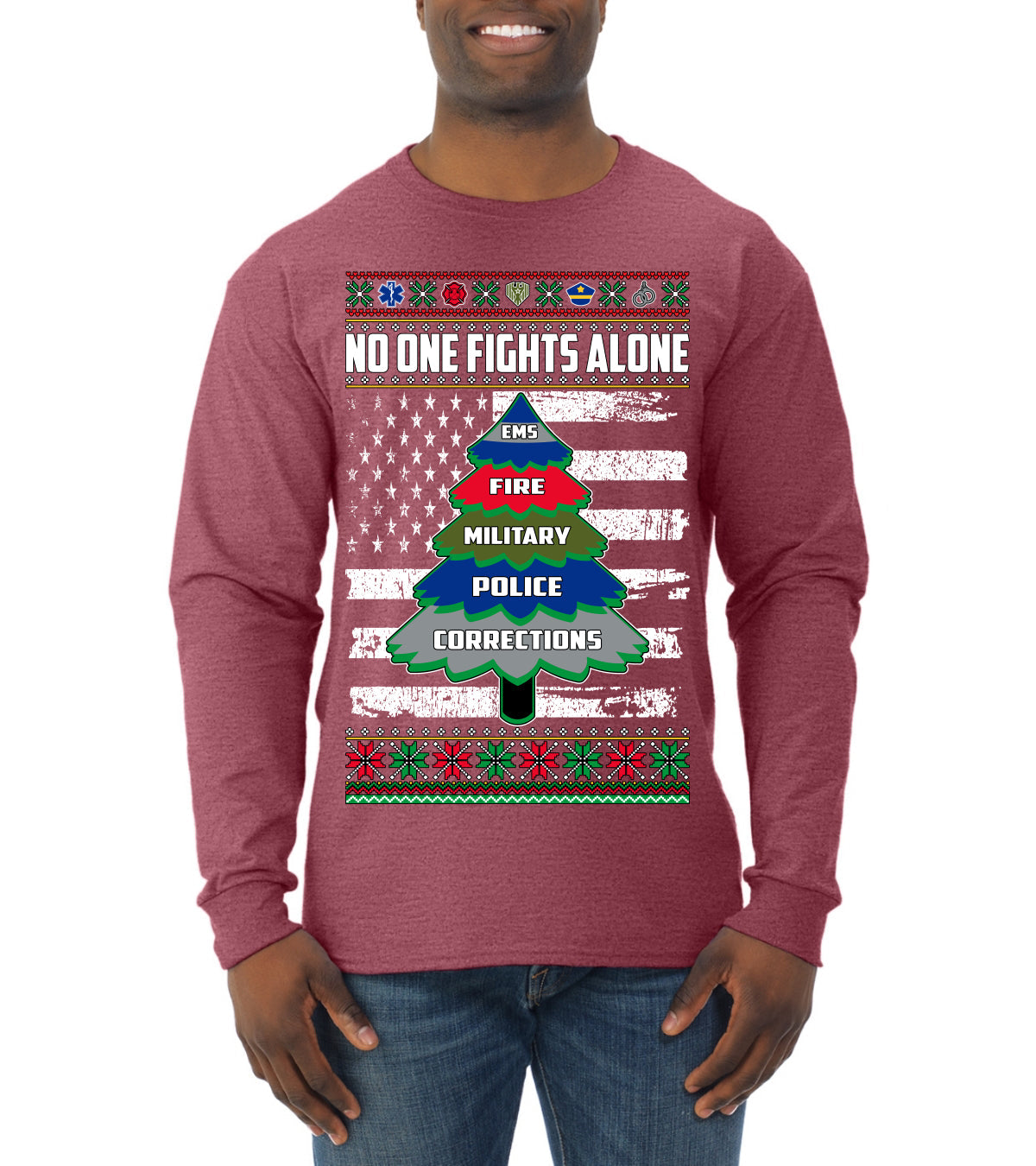 No One Fights Alone Holiday First Responder Police Fire Emt Ugly Christmas Sweater Mens Long Sleeve Shirt