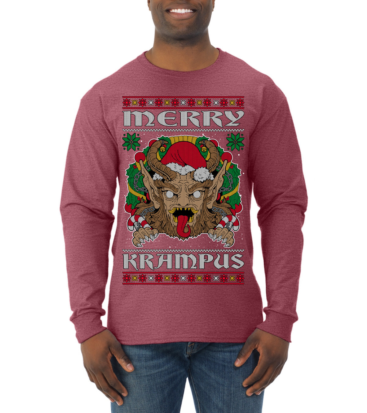 Merry Krampus Santa Folklore Figure Horror Ugly Christmas Sweater Mens Long Sleeve Shirt