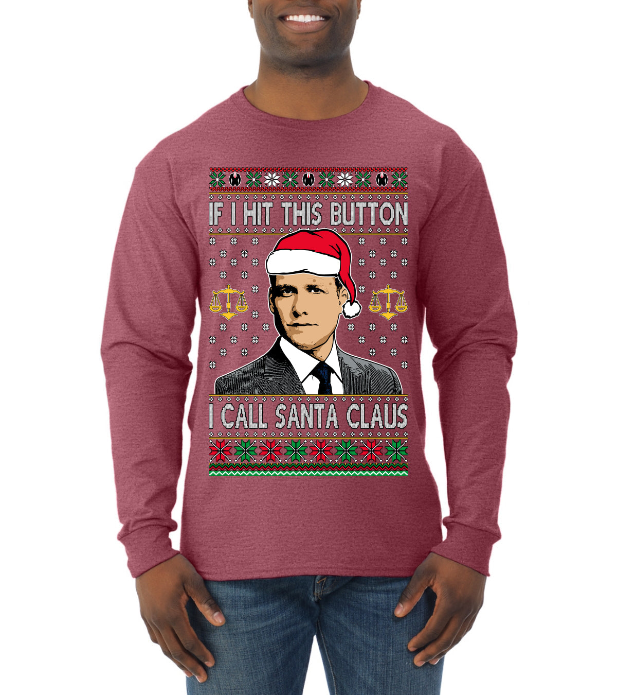 Harvey Hit This Button I Call Santa Specter TV Show Parody Ugly Christmas Sweater Mens Long Sleeve Shirt