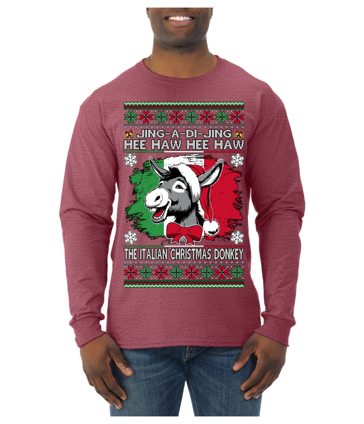 Jing a Di Jing Dominick the Italian Christmas Donkey Ugly Christmas Sweater Mens Long Sleeve Shirt