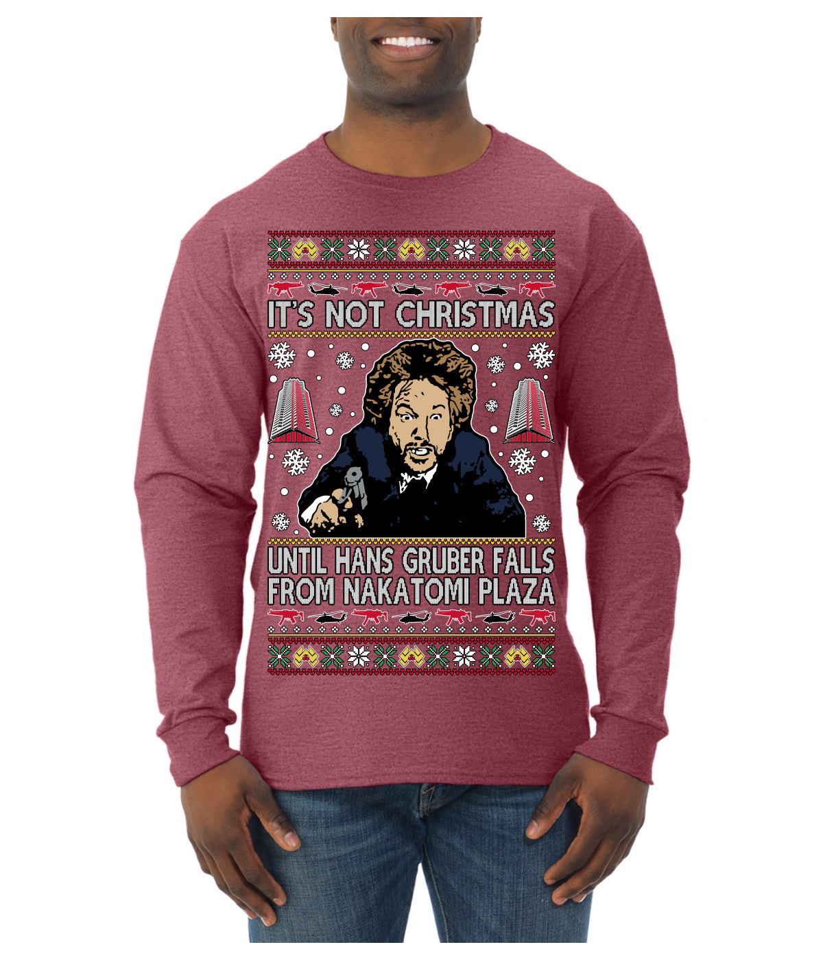 It's Not Christmas Until Hans Gruber Falls From Nakatomi Plaza Color Ugly Christmas Sweater Mens Long Sleeve Shirt
