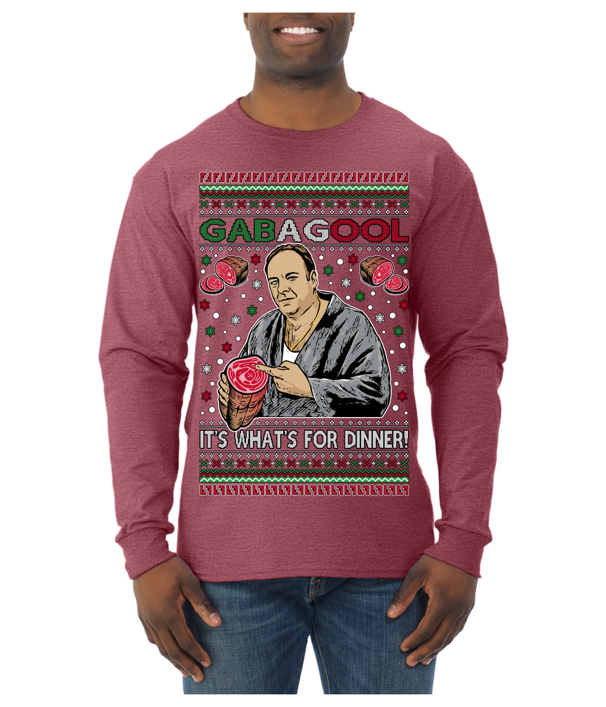 Gabagool It's What's for Dinner, Funny Tony Italian NJ New Jersey Mafia, Classic TV Show Ugly Christmas Sweater Mens Long Sleeve Shirt