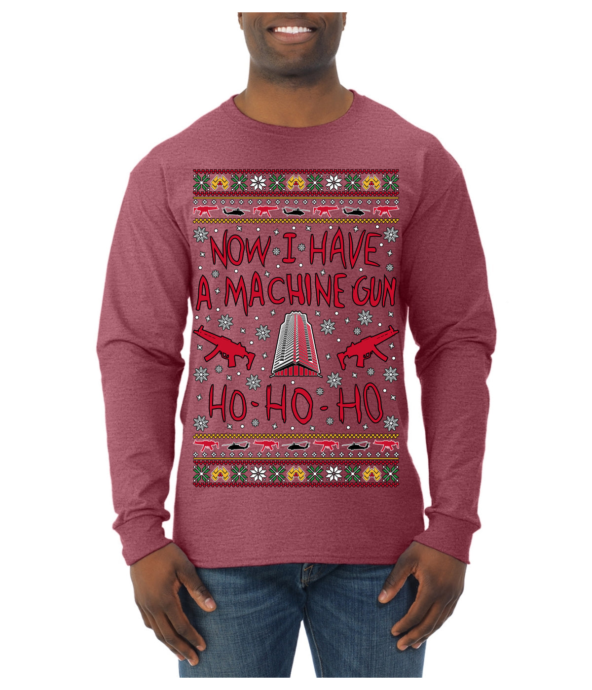 Now I Have a Machine Gun Ho Ho Ho Nakatomi Die Hard McClane Classic 80s Xmas Movie Ugly Christmas Sweater Mens Long Sleeve Shirt