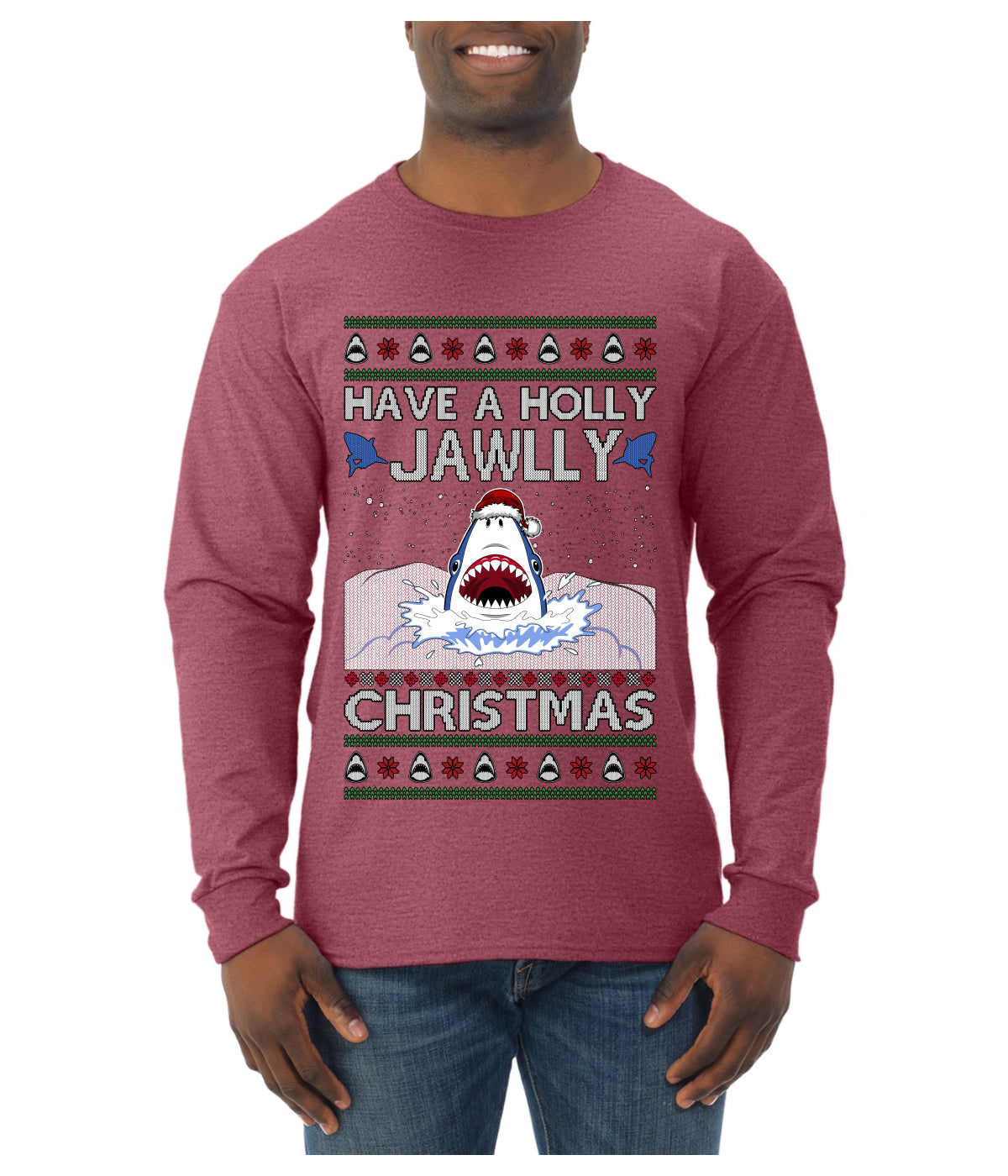 Have a Holly Jawlly Christmas, Cute Shark, Ugly Christmas Sweater Mens Long Sleeve Shirt