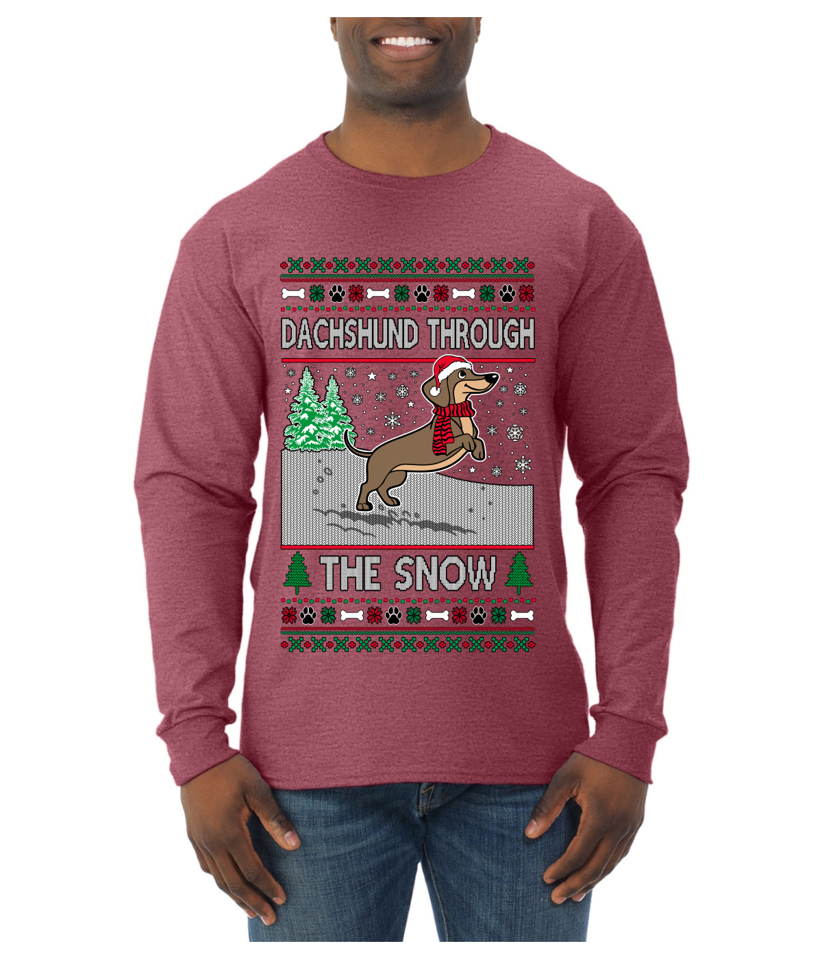 Dachshund Through The Snow, Cute Dog Christmas Sweater, Ugly Christmas Sweater Mens Long Sleeve Shirt