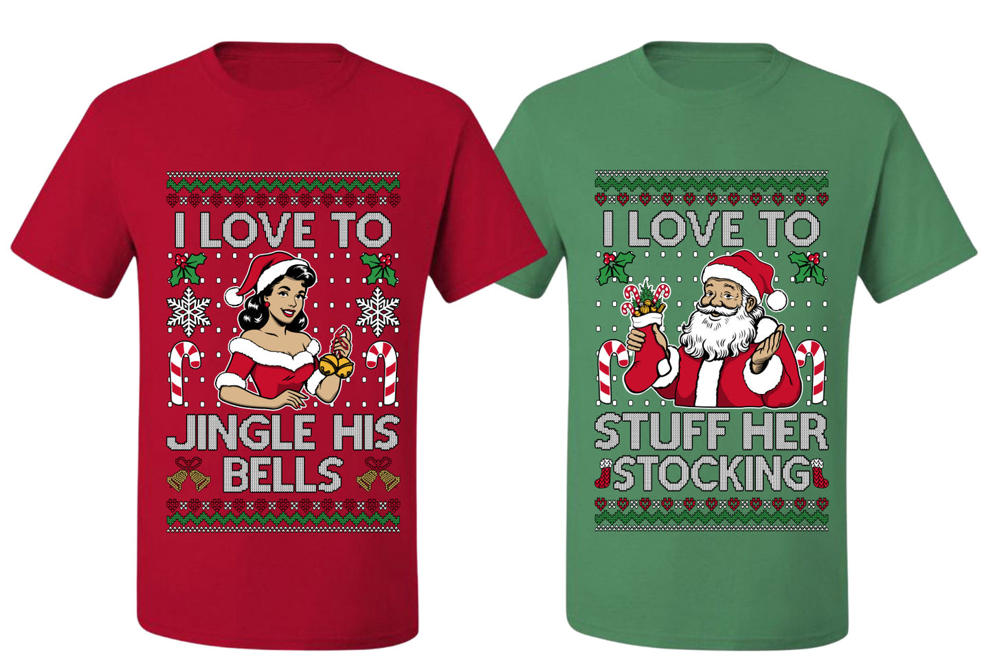 I Love To Stuff Her Stocking Jingle His Bells Sweater Girlfriend Boyfriend Gift His and Hers Matching Ugly Christmas Couple T-Shirt