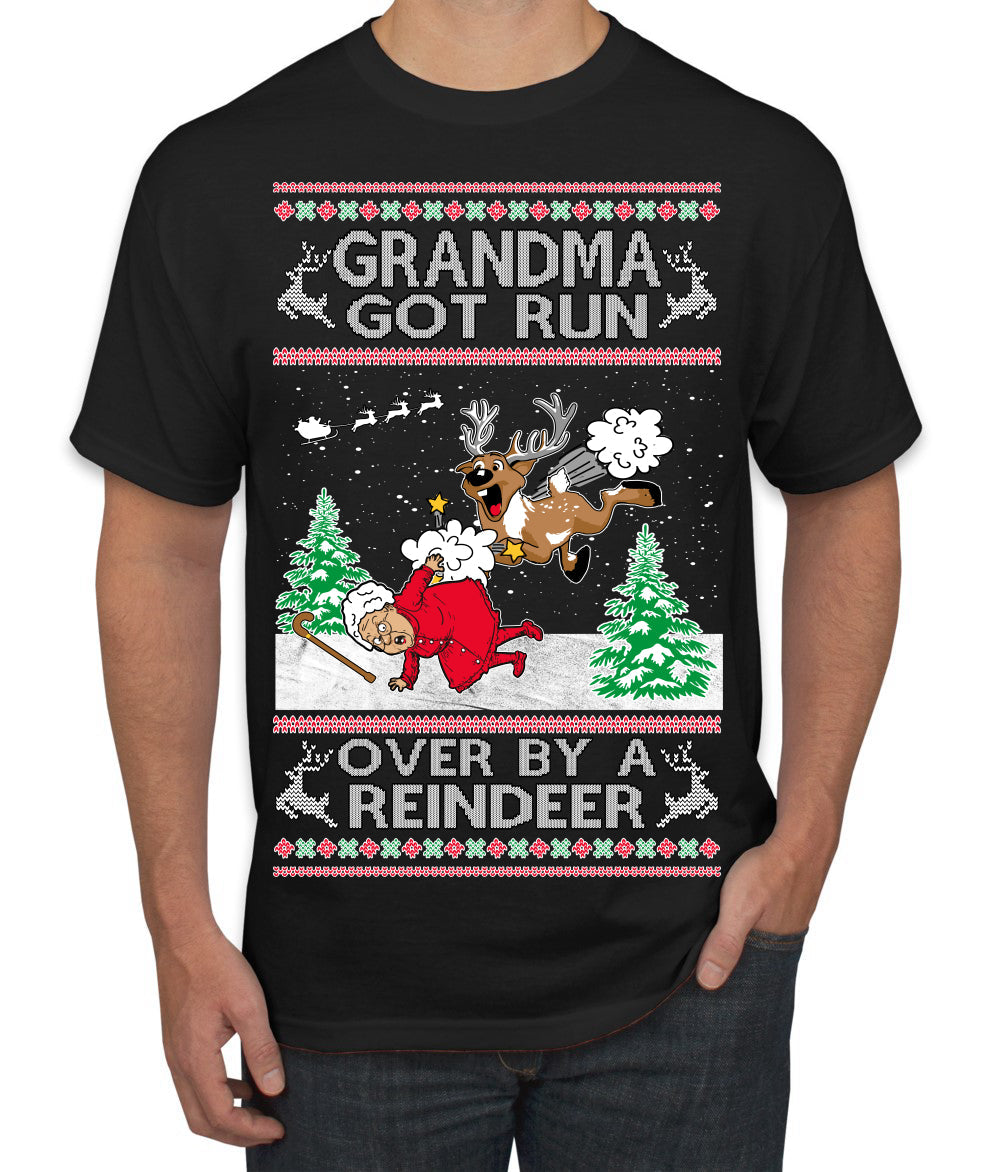 Grandma Got Run Over by a Reindeer, Funny Animated Design Rein Deer Kids TV Song Movie Ugly Christmas Sweater Men's T-Shirt