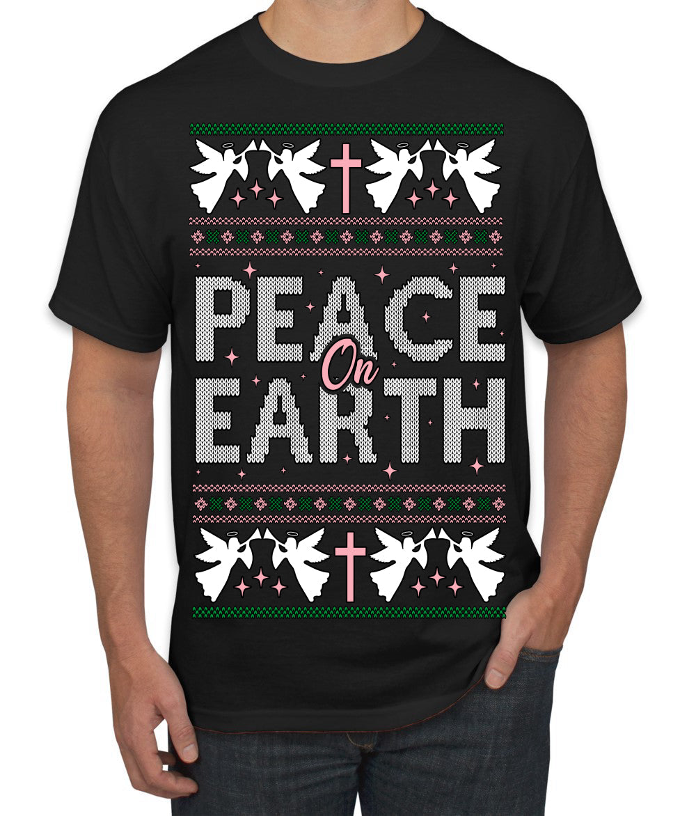 Peace On Earth Funny Xmas Cute Pink Angel Cross Ugly Christmas Sweater Men's T-Shirt