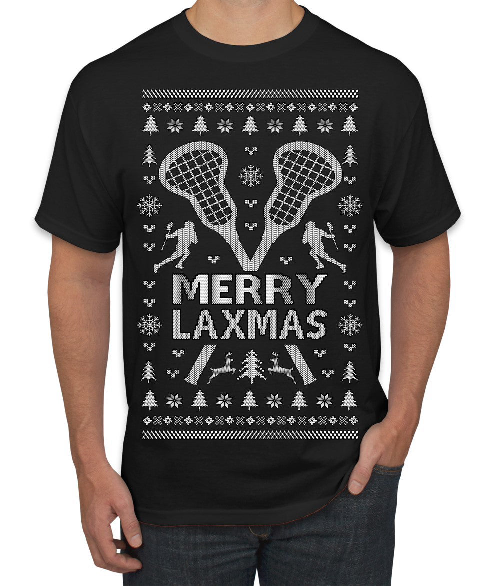 Merry Laxmas Funny Lacrosse Sports LAX Teen Sports Pun Ugly Christmas Sweater Men's T-Shirt