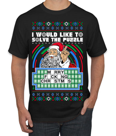 Santa Game Show I'd Like To Solve the Puzzle Wheel Ugly Christmas Sweater Men's T-Shirt