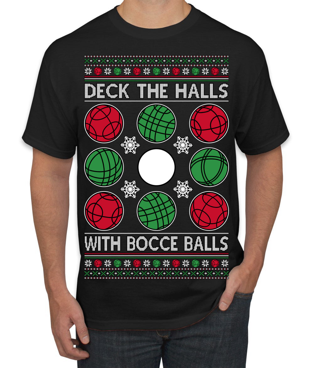 Deck the Halls with Bocce Balls, Funny Classic Italy Italian Sports Ugly Christmas Sweater Men's T-Shirt