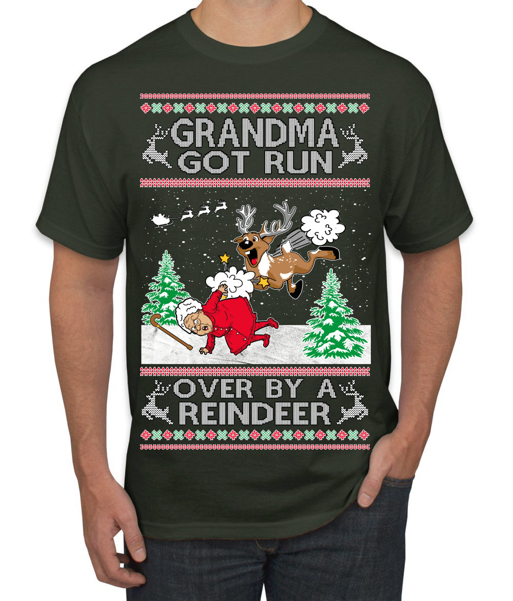 Grandma Got Run Over by a Reindeer, Funny Animated Design Rein Deer Kids TV Song Movie Ugly Christmas Sweater Men's T-Shirt