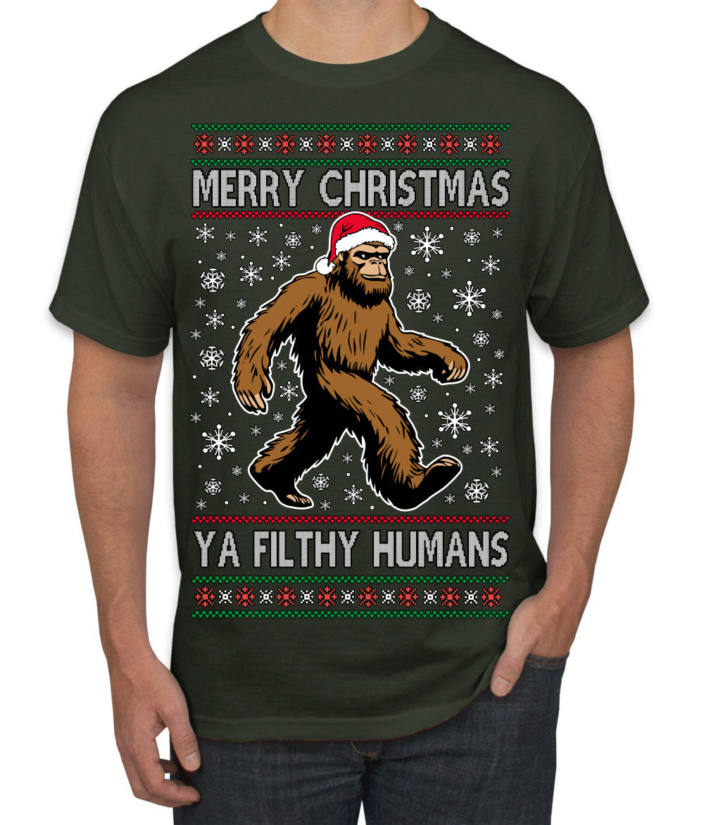 Merry Christmas Ya Filthy Humans Funny Sasquatch Bigfoot Ugly Christmas Sweater Men's T-Shirt