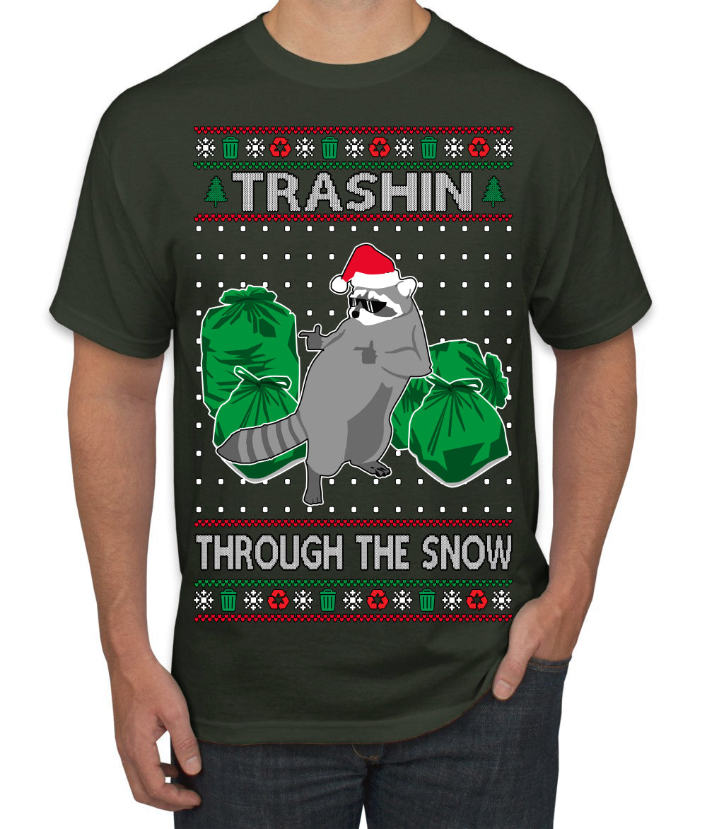 Trashin Through the Snow Funny Trash Panda Raccoon Meme Ugly Christmas Sweater Men's T-Shirt