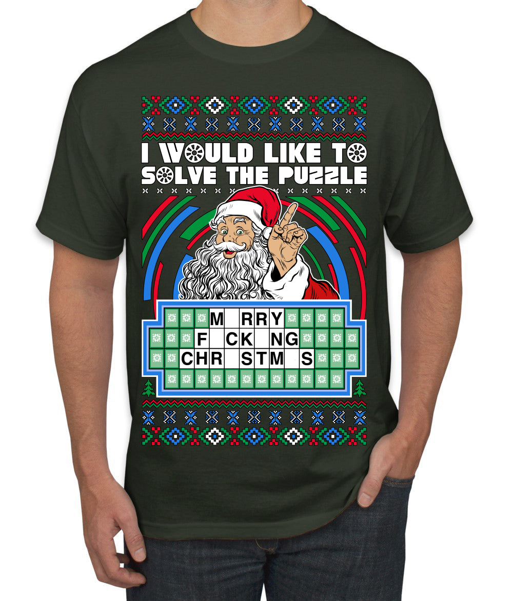 Santa Game Show I'd Like To Solve the Puzzle Wheel Ugly Christmas Sweater Men's T-Shirt