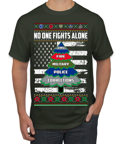 No One Fights Alone Holiday First Responder Police Fire Emt Ugly Christmas Sweater Men's T-Shirt