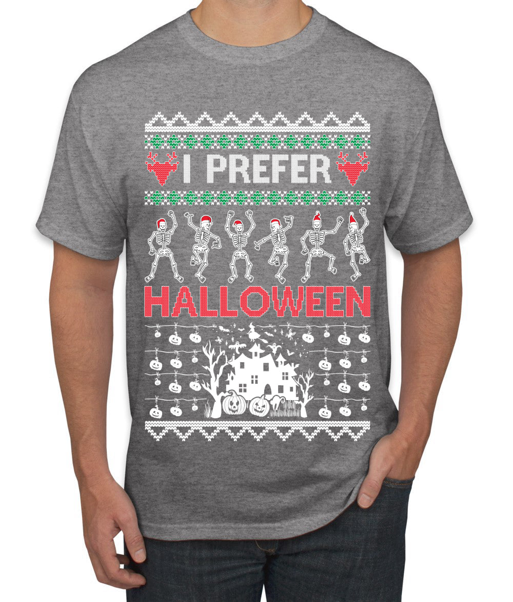 I Prefer Halloween Dancing Skeletons Ugly Christmas Sweater Men's T-Shirt