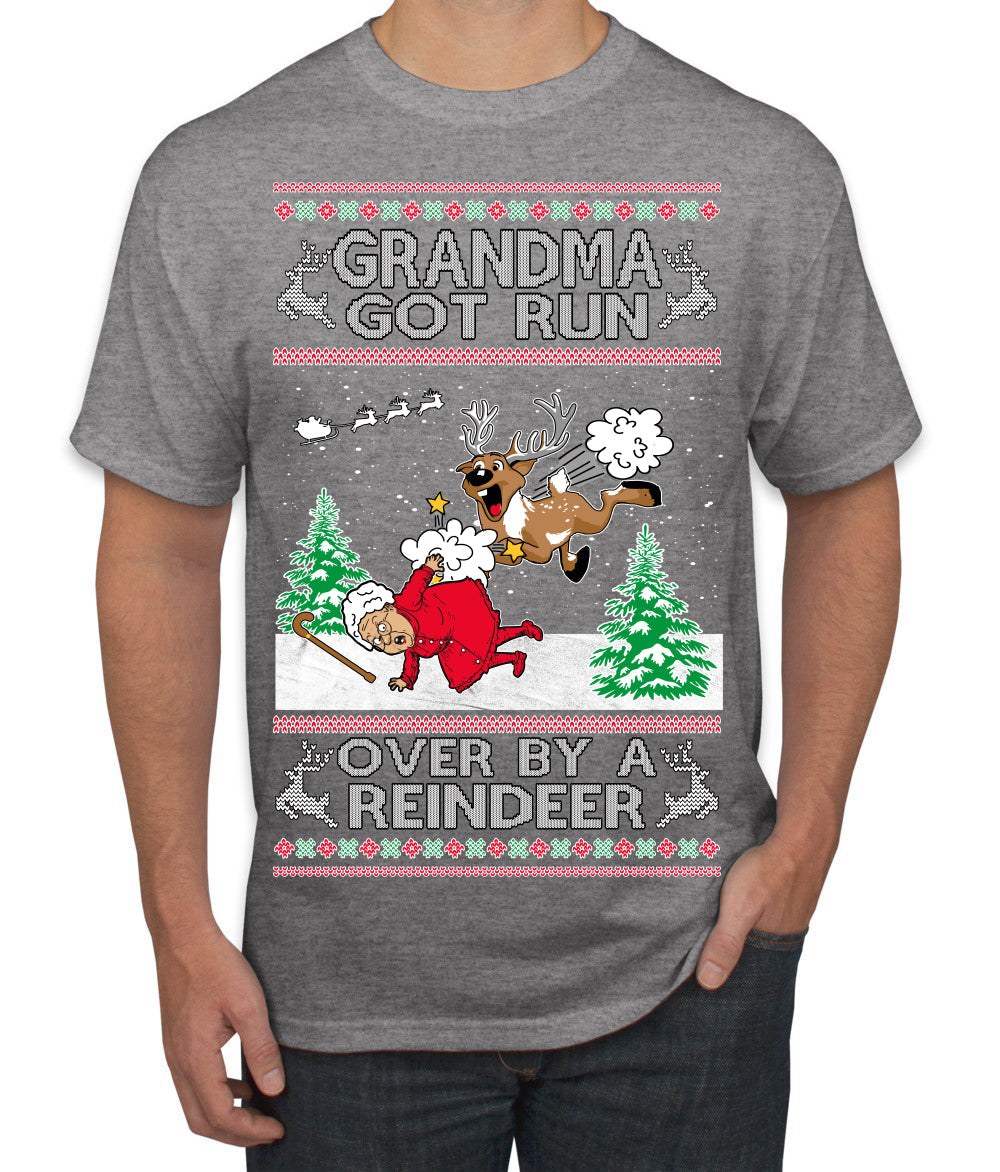 Grandma Got Run Over by a Reindeer, Funny Animated Design Rein Deer Kids TV Song Movie Ugly Christmas Sweater Men's T-Shirt