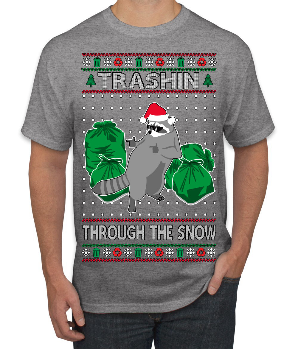 Trashin Through the Snow Funny Trash Panda Raccoon Meme Ugly Christmas Sweater Men's T-Shirt