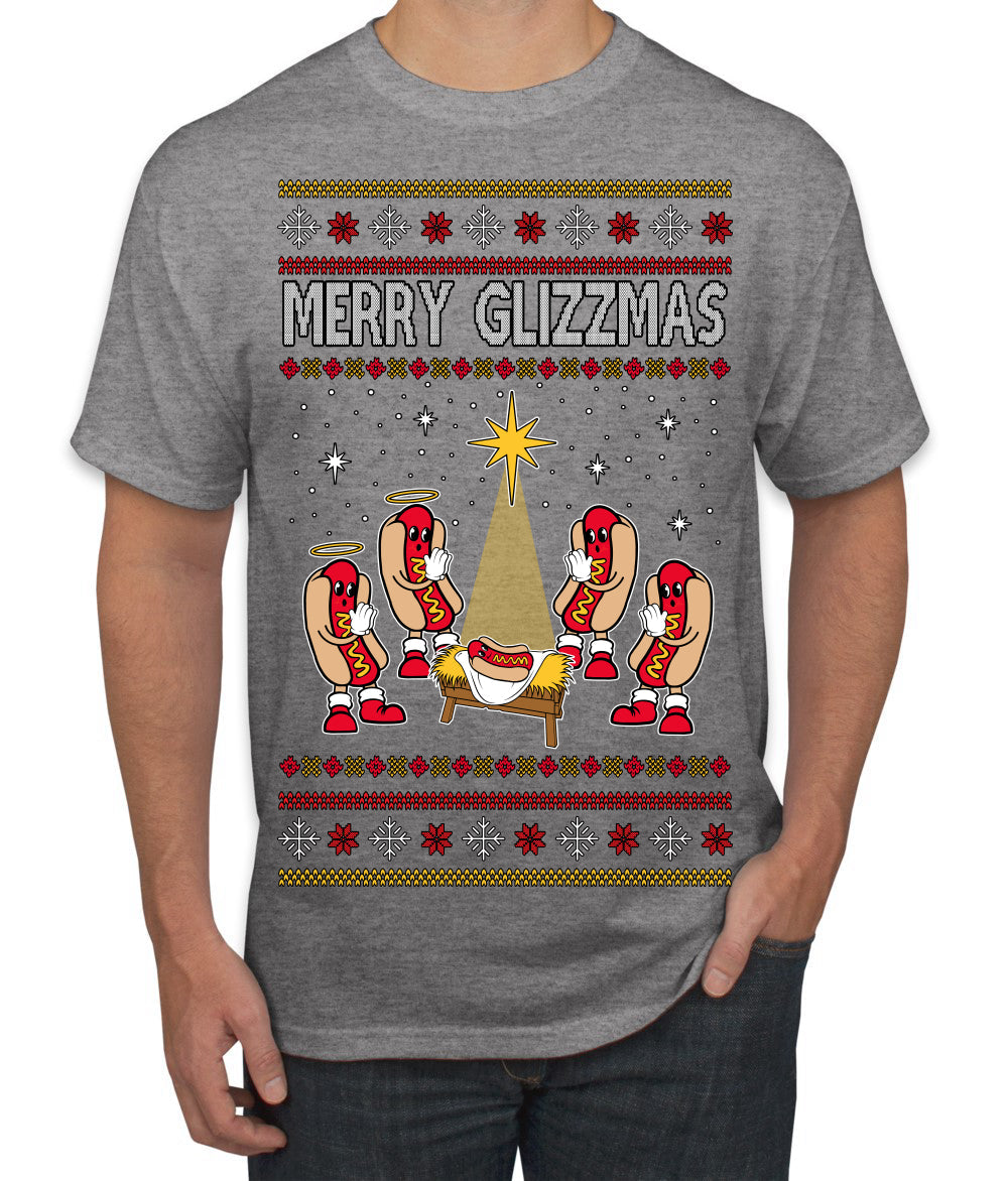 Merry Glizzmas, Funny Glizzy Hot Dog Baby Jesus Catholic Nativity, Fast Food Mustard Condiment Glizzys Humor Ugly Christmas Sweater Men's T-Shirt