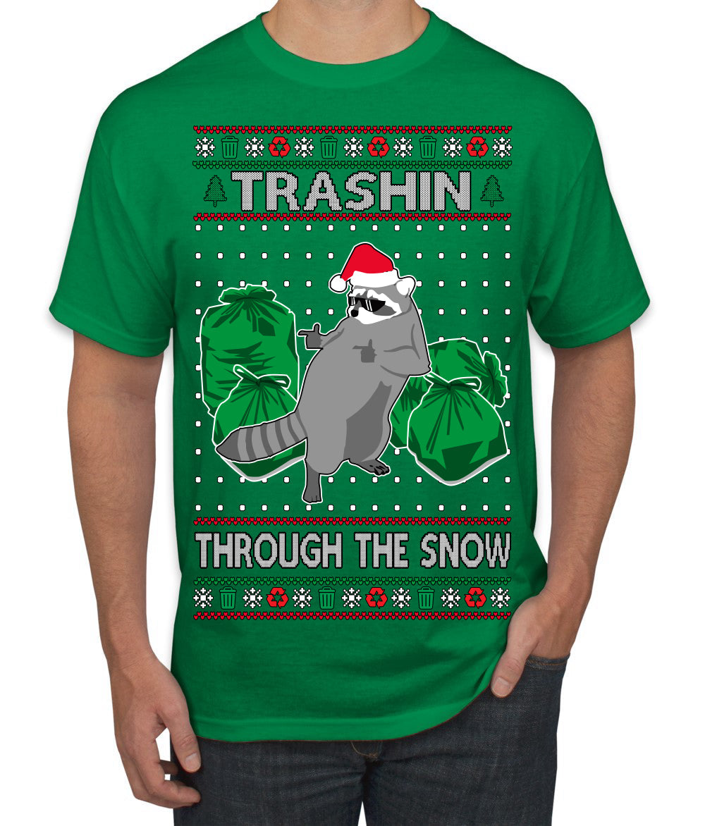 Trashin Through the Snow Funny Trash Panda Raccoon Meme Ugly Christmas Sweater Men's T-Shirt