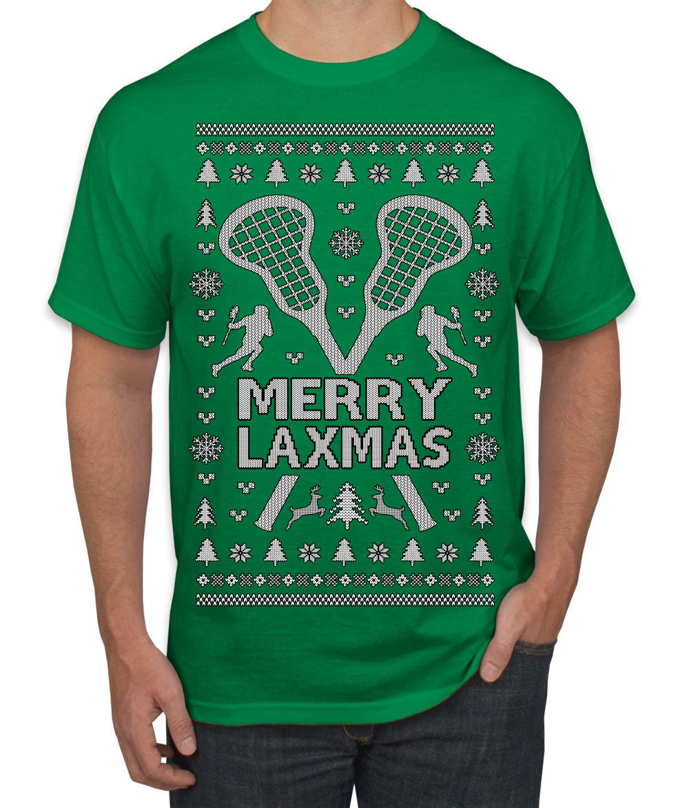 Merry Laxmas Funny Lacrosse Sports LAX Teen Sports Pun Ugly Christmas Sweater Men's T-Shirt