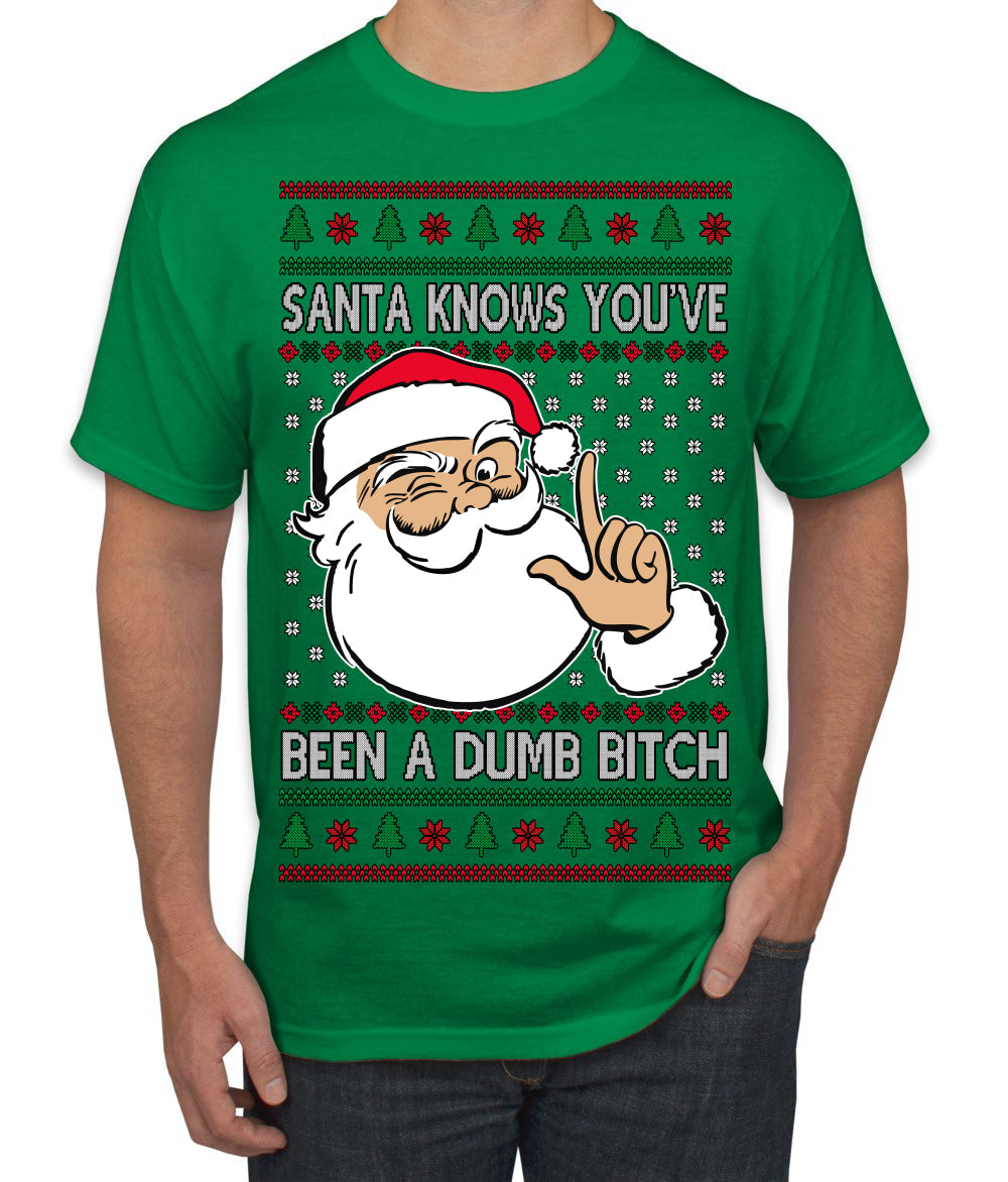Santa Knows You've Been a Dumb Bitch Funny Vulgar Dirty Ugly Christmas Sweater Men's T-Shirt
