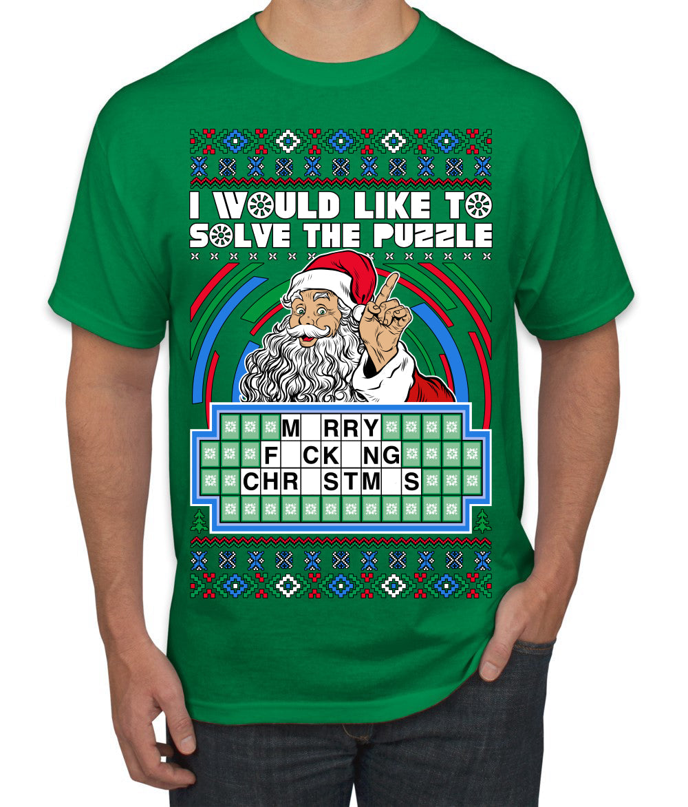 Santa Game Show I'd Like To Solve the Puzzle Wheel Ugly Christmas Sweater Men's T-Shirt
