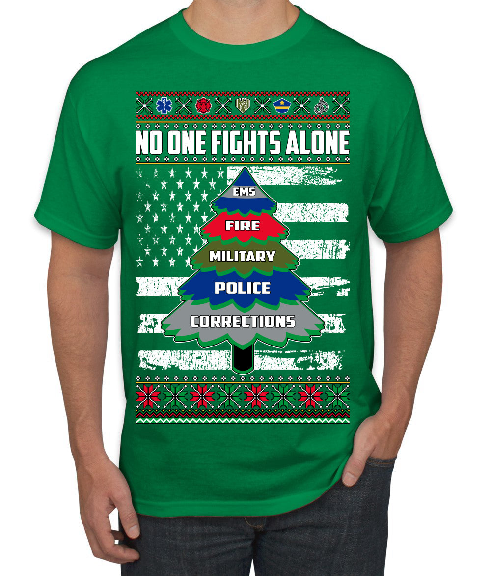 No One Fights Alone Holiday First Responder Police Fire Emt Ugly Christmas Sweater Men's T-Shirt