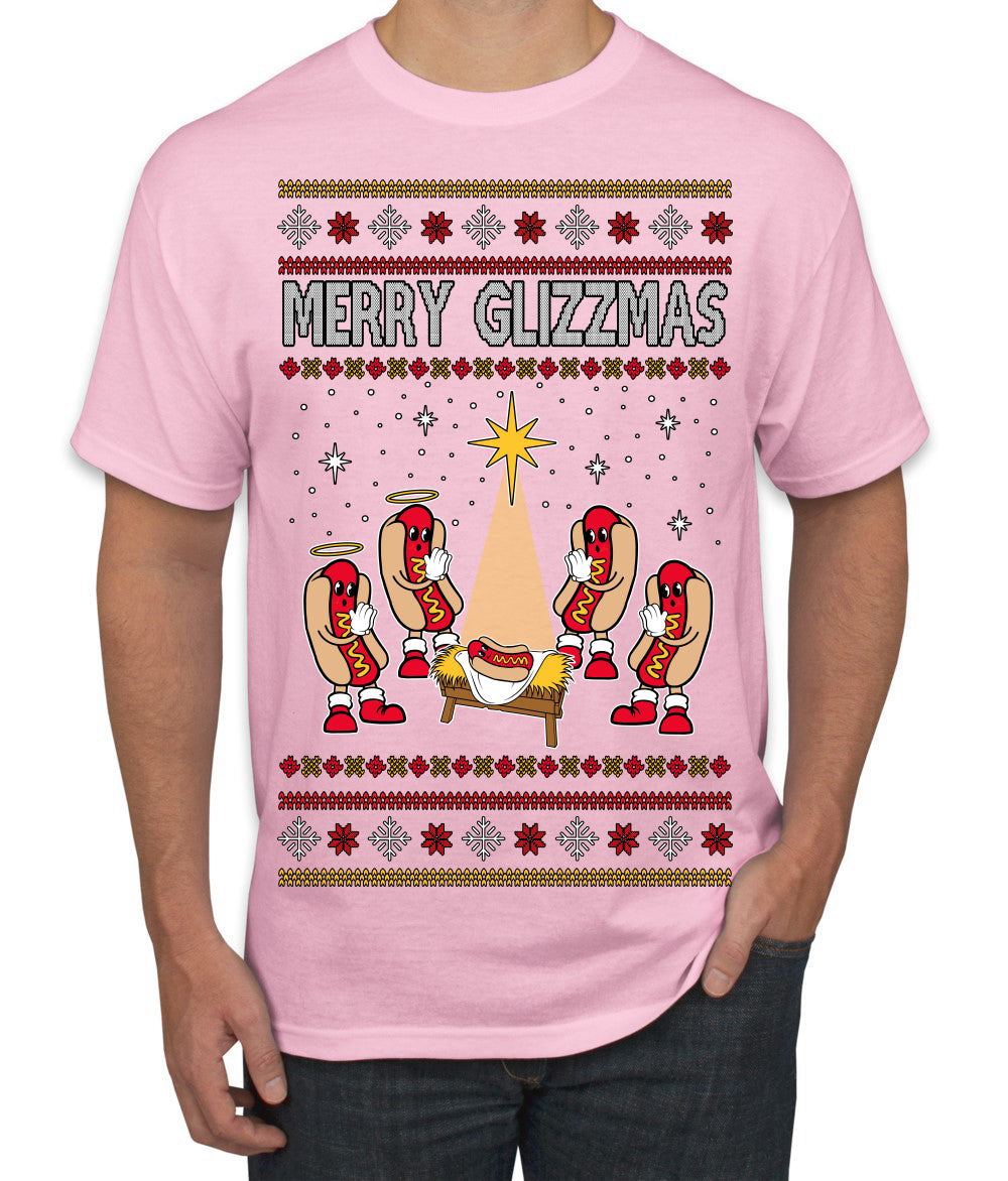 Merry Glizzmas, Funny Glizzy Hot Dog Baby Jesus Catholic Nativity, Fast Food Mustard Condiment Glizzys Humor Ugly Christmas Sweater Men's T-Shirt
