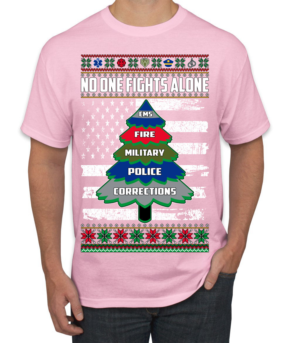 No One Fights Alone Holiday First Responder Police Fire Emt Ugly Christmas Sweater Men's T-Shirt