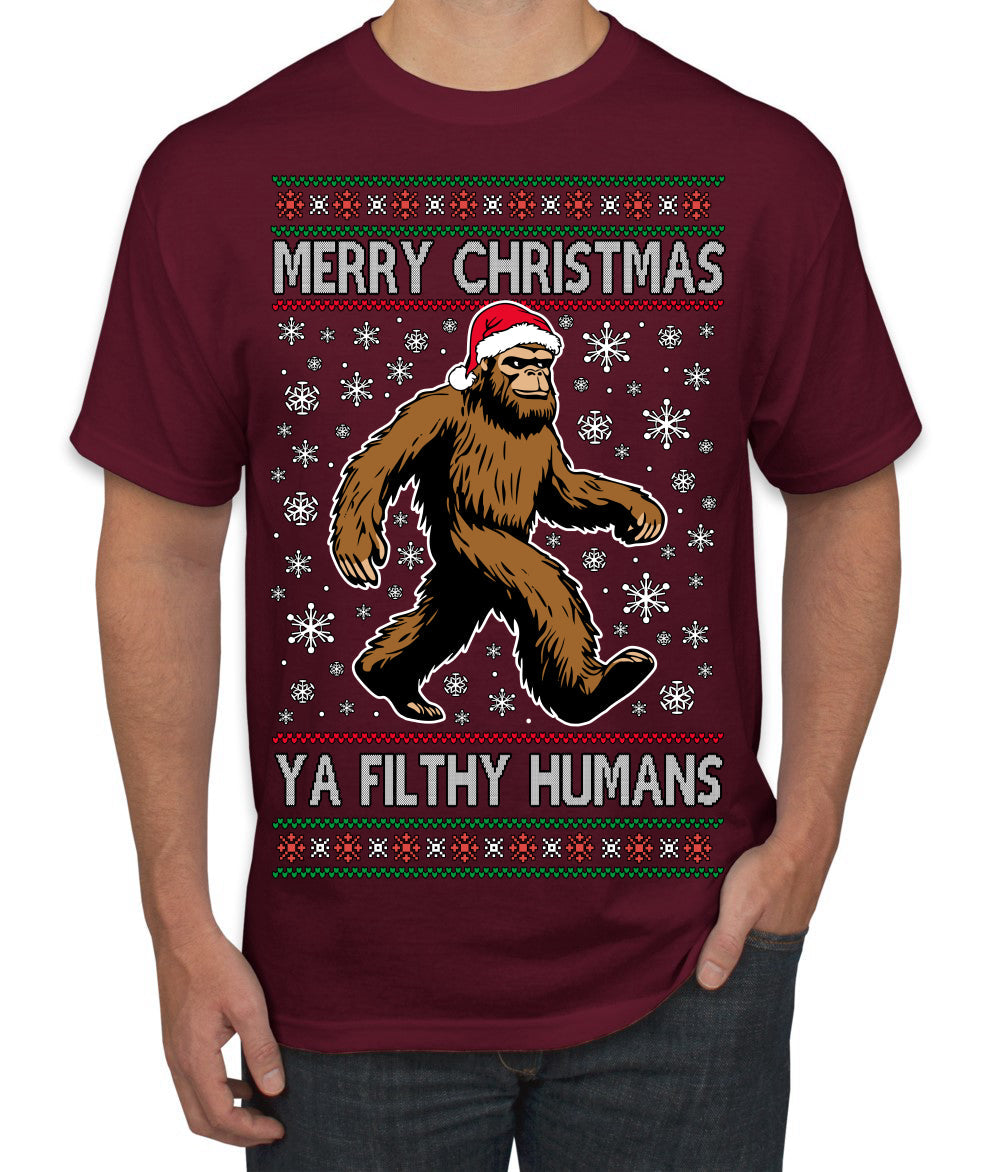 Merry Christmas Ya Filthy Humans Funny Sasquatch Bigfoot Ugly Christmas Sweater Men's T-Shirt