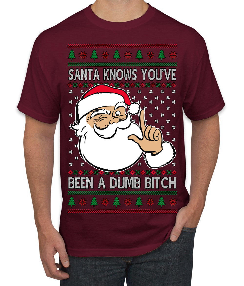 Santa Knows You've Been a Dumb Bitch Funny Vulgar Dirty Ugly Christmas Sweater Men's T-Shirt
