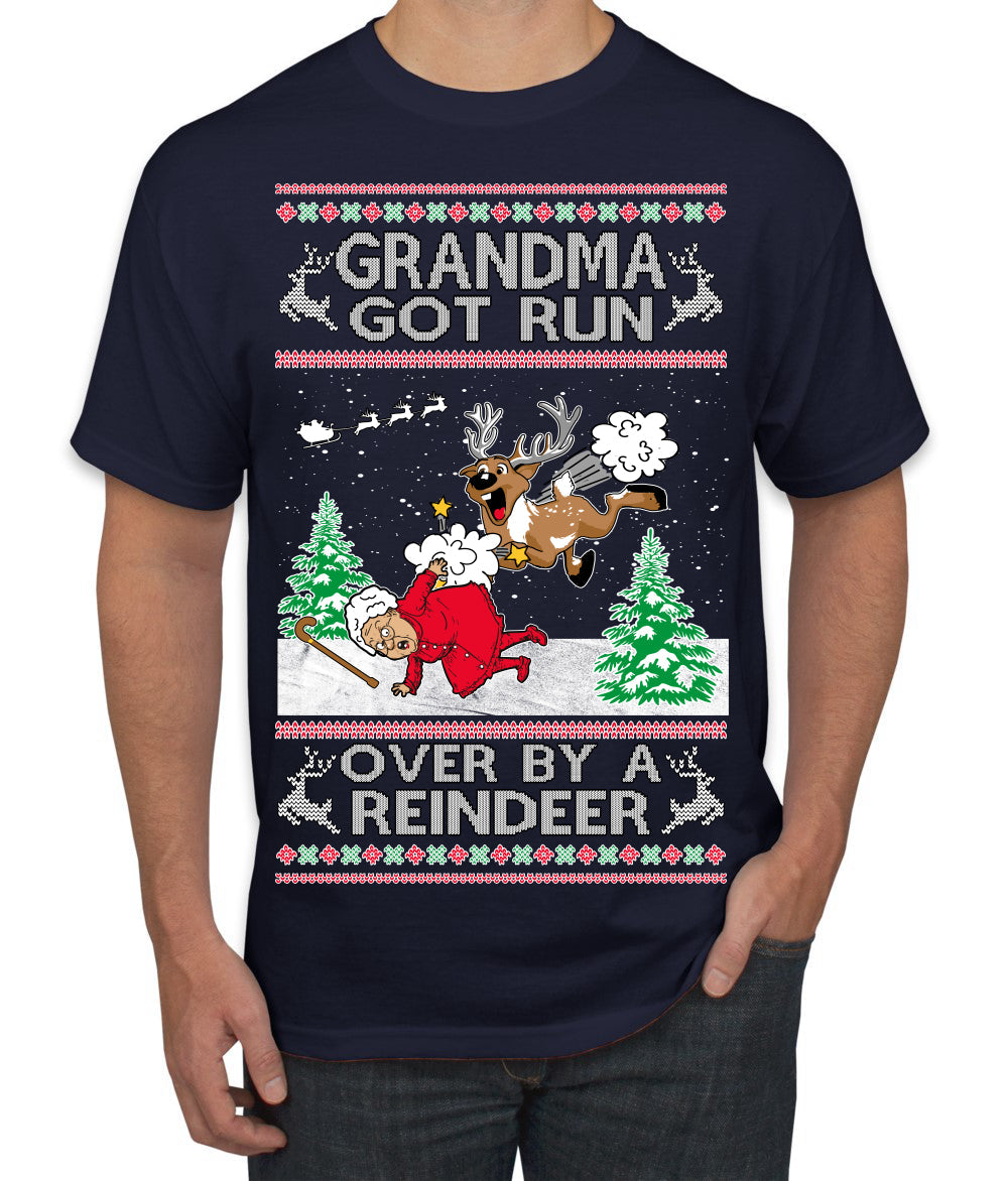 Grandma Got Run Over by a Reindeer, Funny Animated Design Rein Deer Kids TV Song Movie Ugly Christmas Sweater Men's T-Shirt