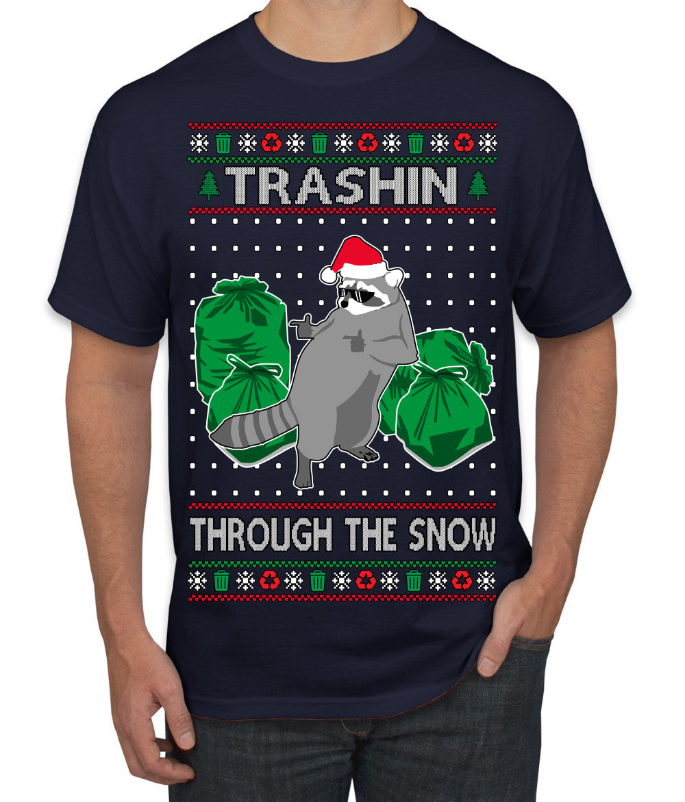 Trashin Through the Snow Funny Trash Panda Raccoon Meme Ugly Christmas Sweater Men's T-Shirt