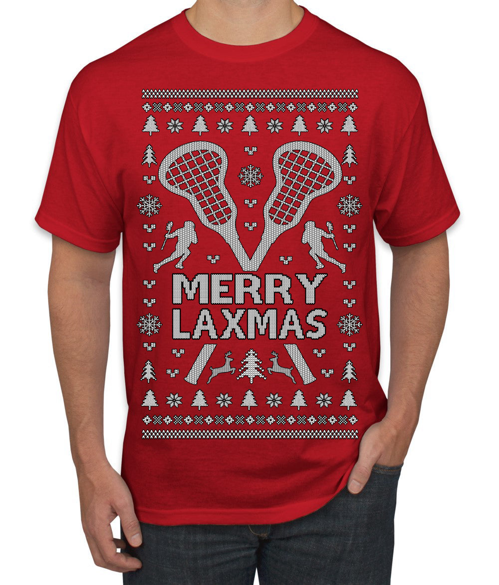 Merry Laxmas Funny Lacrosse Sports LAX Teen Sports Pun Ugly Christmas Sweater Men's T-Shirt