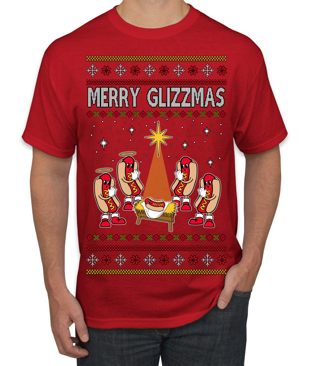 Merry Glizzmas, Funny Glizzy Hot Dog Baby Jesus Catholic Nativity, Fast Food Mustard Condiment Glizzys Humor Ugly Christmas Sweater Men's T-Shirt