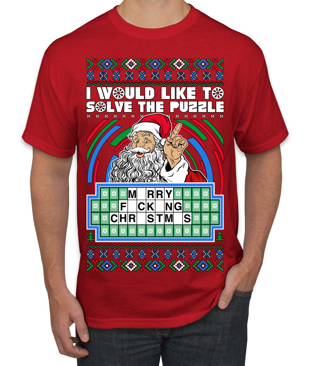 Santa Game Show I'd Like To Solve the Puzzle Wheel Ugly Christmas Sweater Men's T-Shirt