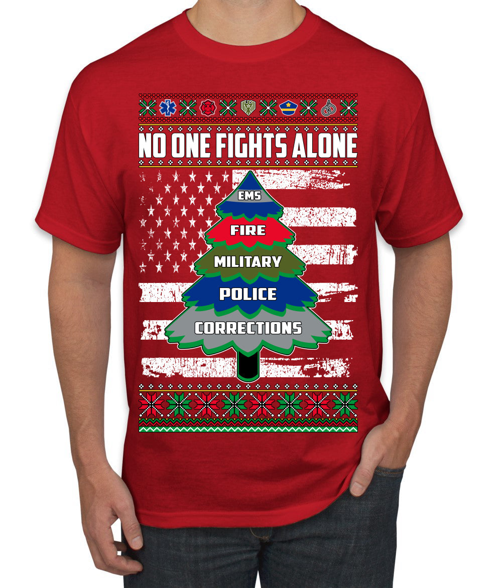 No One Fights Alone Holiday First Responder Police Fire Emt Ugly Christmas Sweater Men's T-Shirt