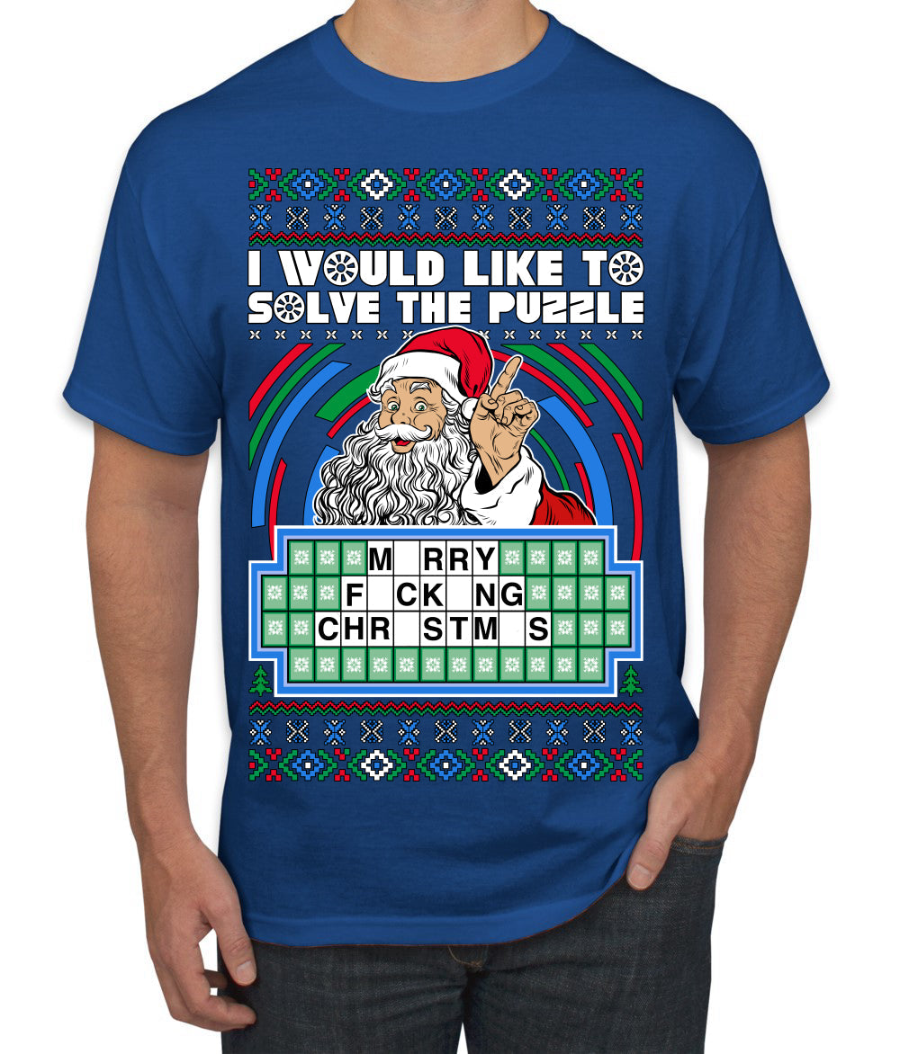 Santa Game Show I'd Like To Solve the Puzzle Wheel Ugly Christmas Sweater Men's T-Shirt