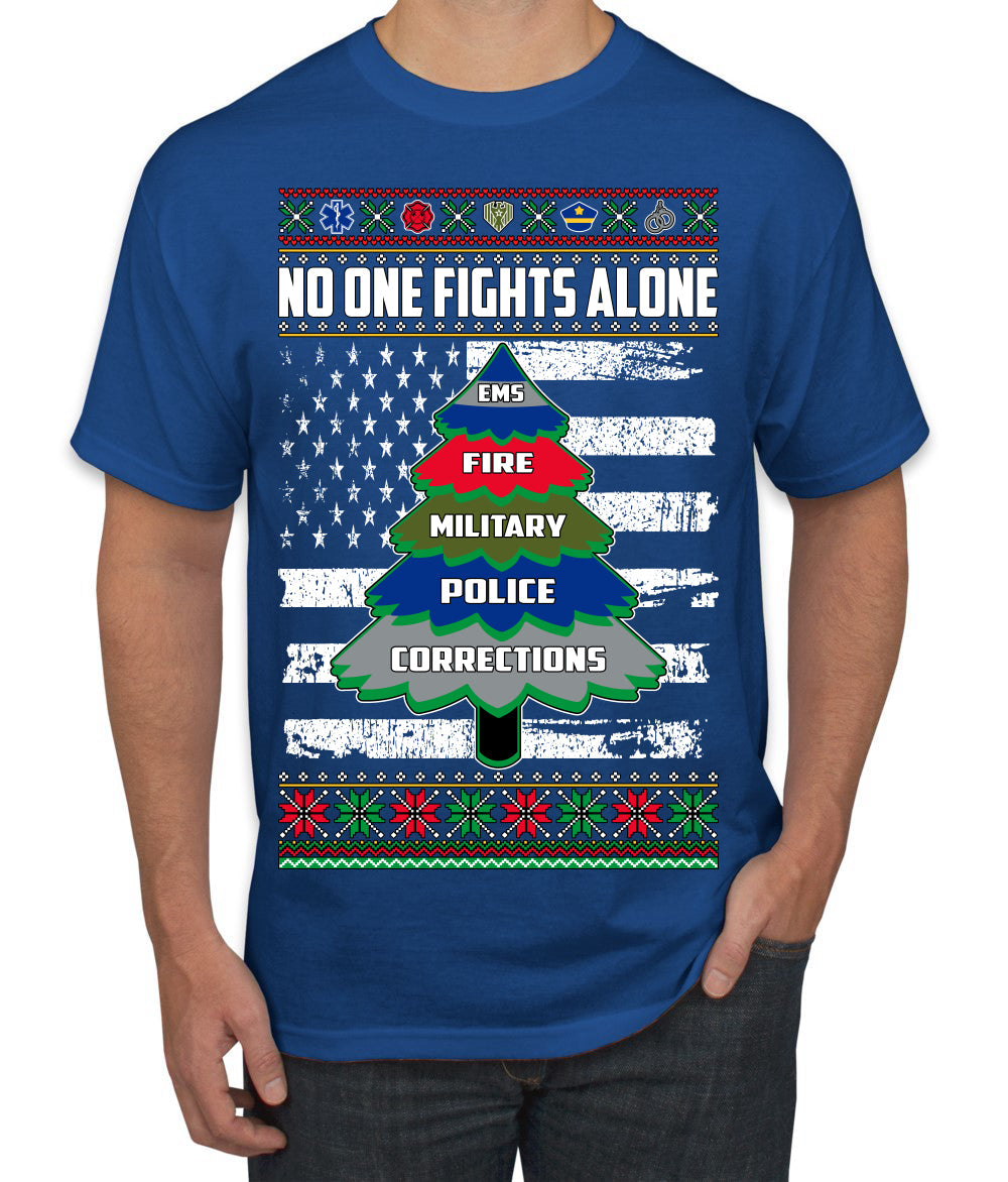 No One Fights Alone Holiday First Responder Police Fire Emt Ugly Christmas Sweater Men's T-Shirt